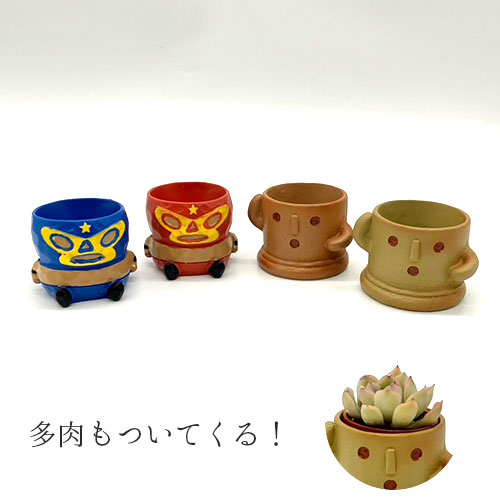リトルレジンポット レスラー&はにわ+多肉セット